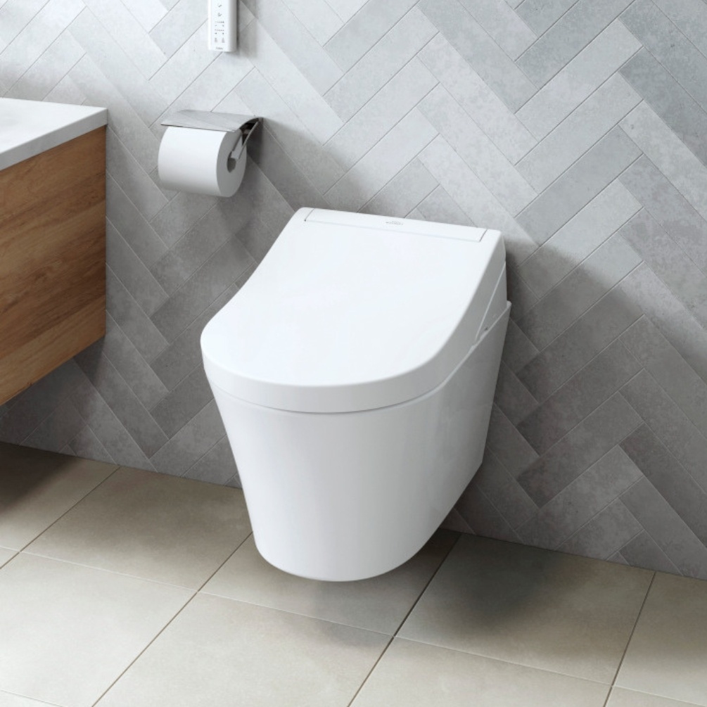 Close up lifestyle image of the TOTO Washlet RG Lite Rimless Wall Hung Toilet